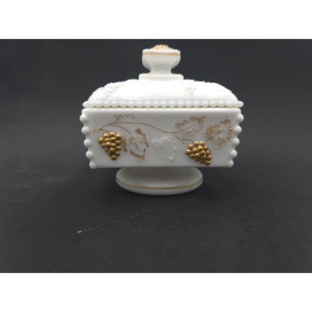 Westmoreland Milk Glass Wedding Box W/ Lid Gold Grapes Vines Vintage Candy Dish